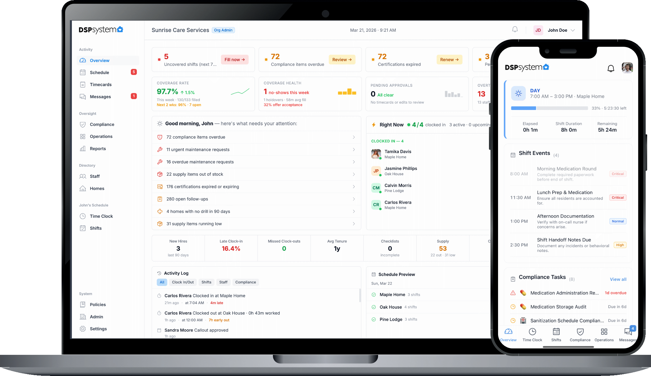 DSPsystem dashboard on desktop and mobile showing real-time scheduling, compliance tracking, and staff management